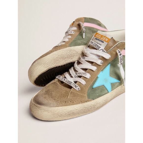 Golden Goose Mid Star Green Tan Suede Blue Star Lace Up Sneakers Womens 39 / 9 - Picture 1 of 11